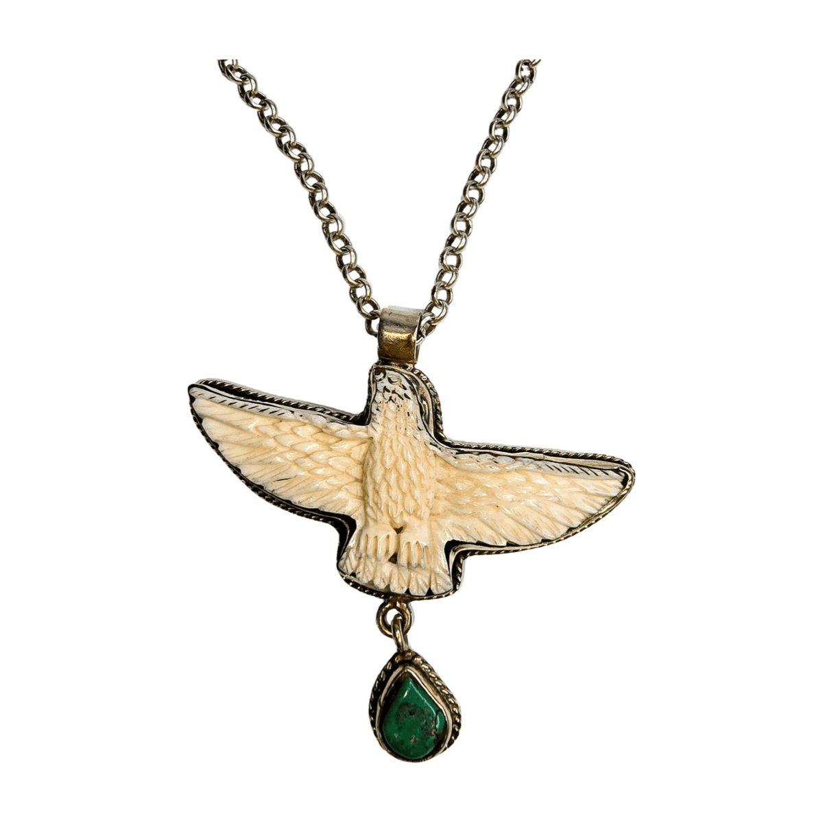 Eagle Bone Carved Pendant with Turquoise - 30 in