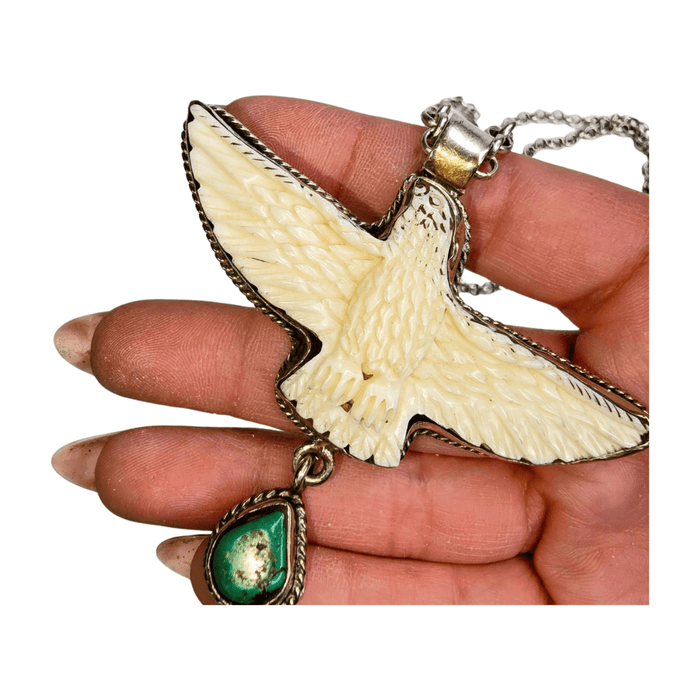 Eagle Bone Carved Pendant with Turquoise - 30 in