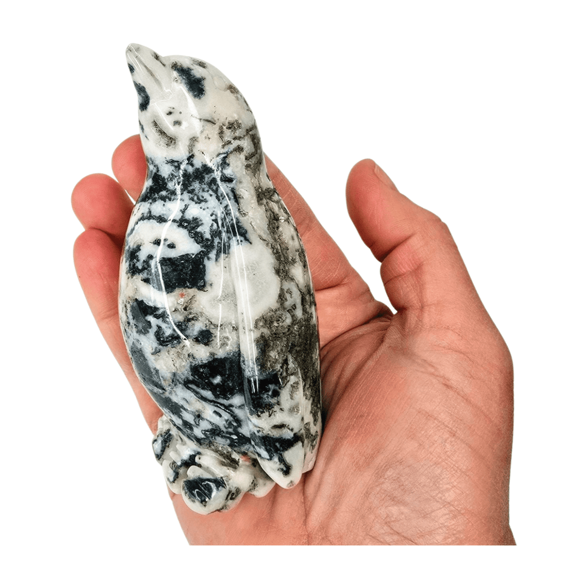 Moss Agate penguin carving for grounding, family bonds, and lasting abundance