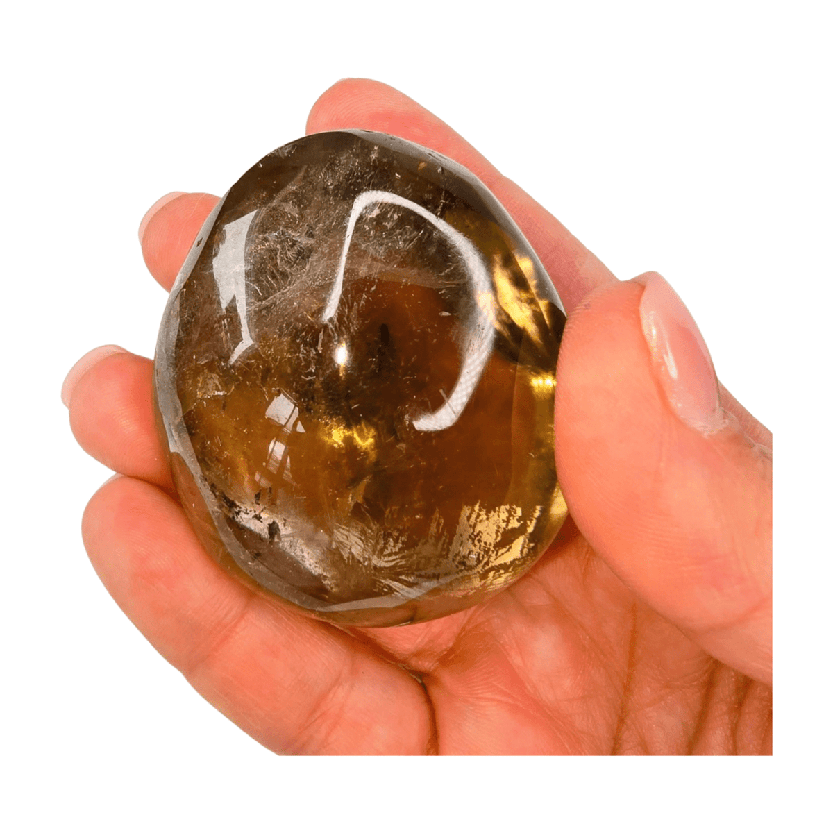 Smoky Quartz palm stone for grounding, protection, and emotional release