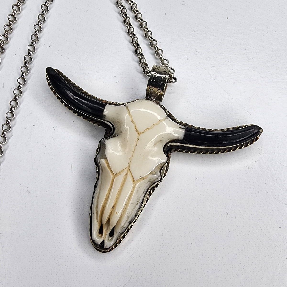 Carved Bull Pendant on Sterling Silver Chain