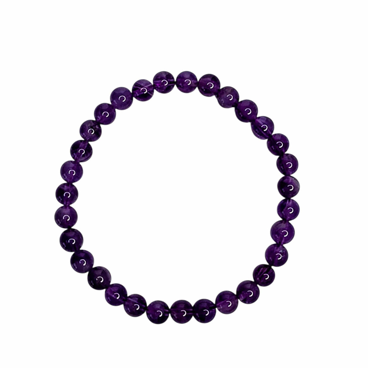 A beaded stretch bracelet made of polished, round purple gemstone beads, arranged in a circular shape against a solid white background.