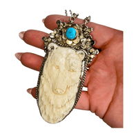 Bear Bone Carved Pendant with Turquoise - 30 in