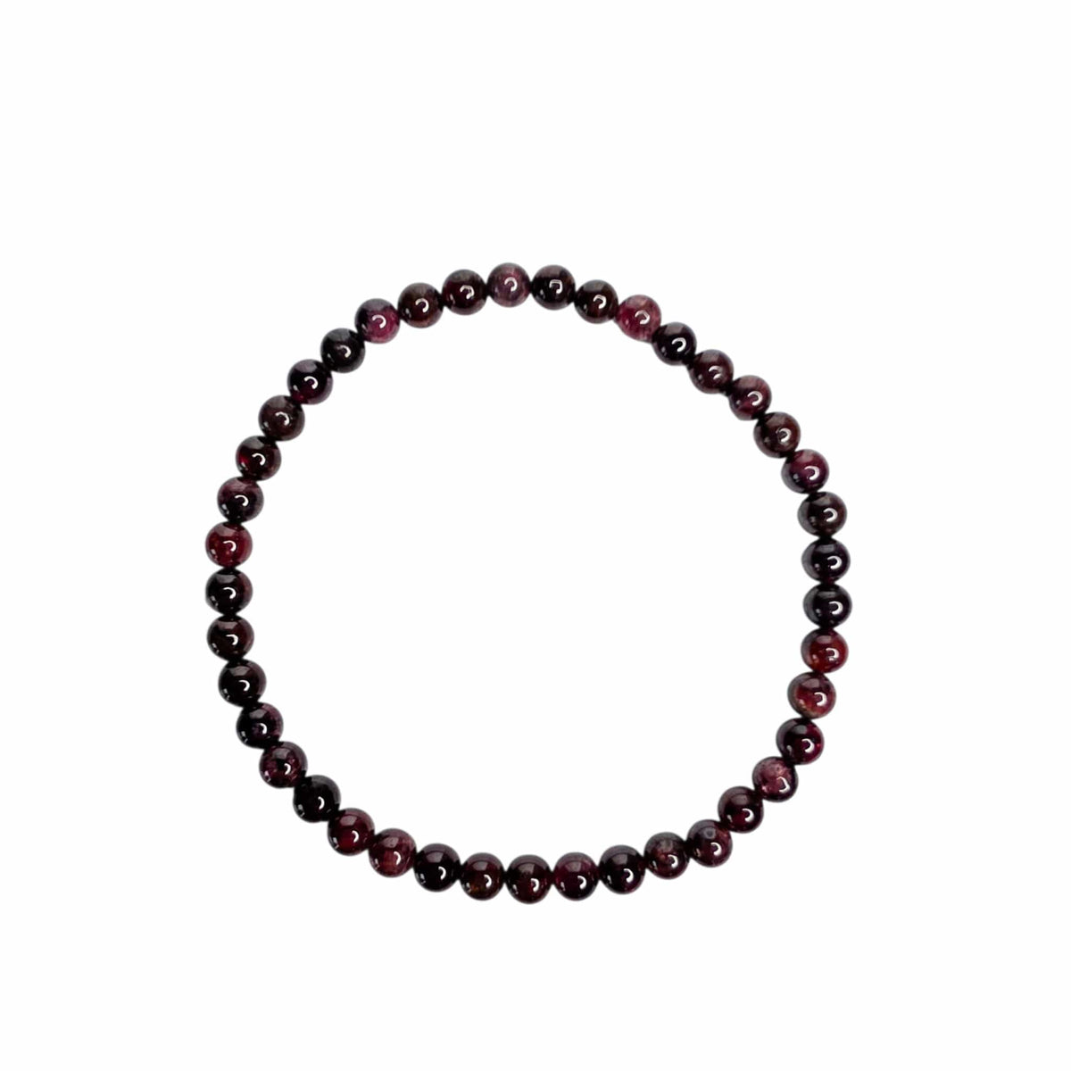 A beaded stretch bracelet made of glossy, dark red and black round beads, arranged in a circular shape on a plain white background.
