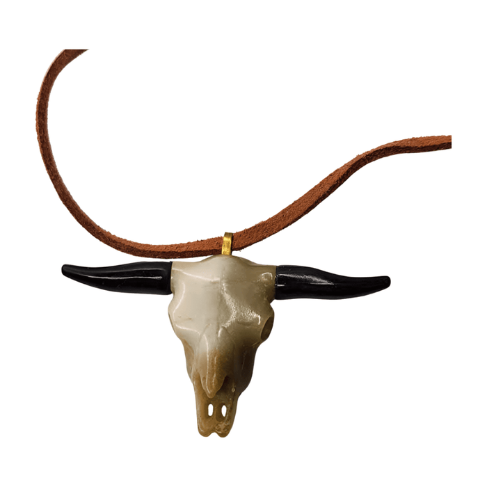 Nephrite Jade Bull Skull Pendant (on pleather cord)