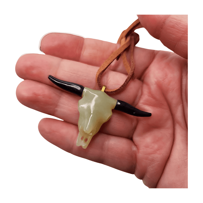 Nephrite Jade Bull Skull Pendant (on pleather cord)
