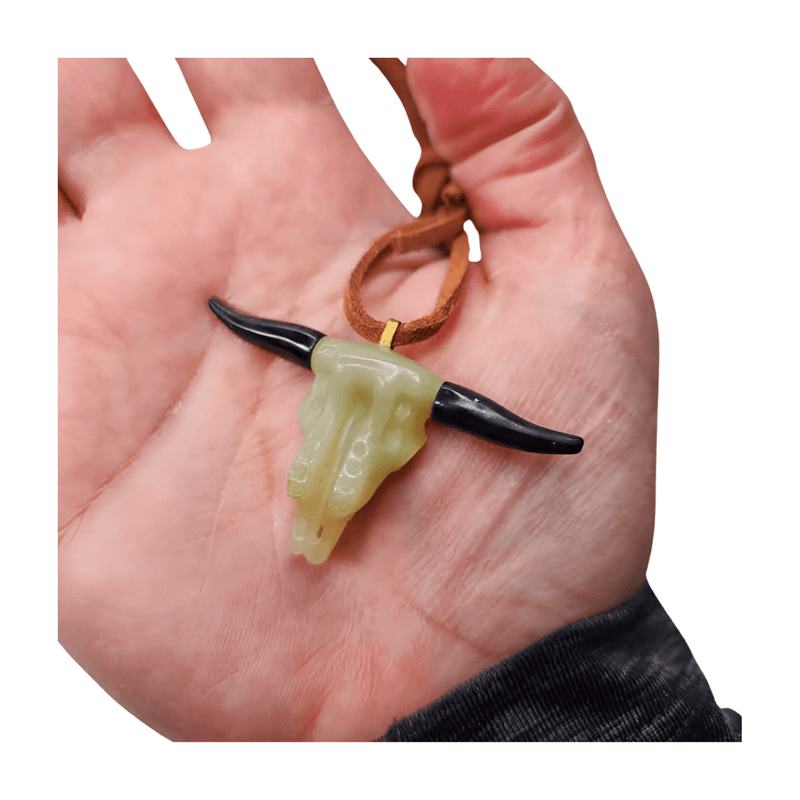Nephrite Jade Bull Skull Pendant (on pleather cord)