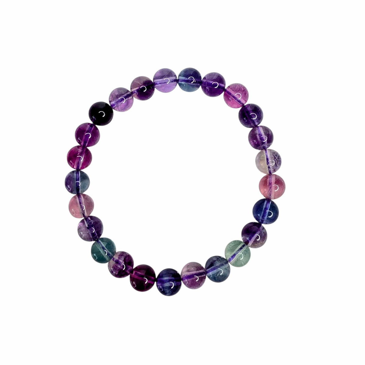 A beaded stretch bracelet made of polished round gemstone beads in shades of purple, pink, blue, and green, arranged in a circular shape on a plain white background.