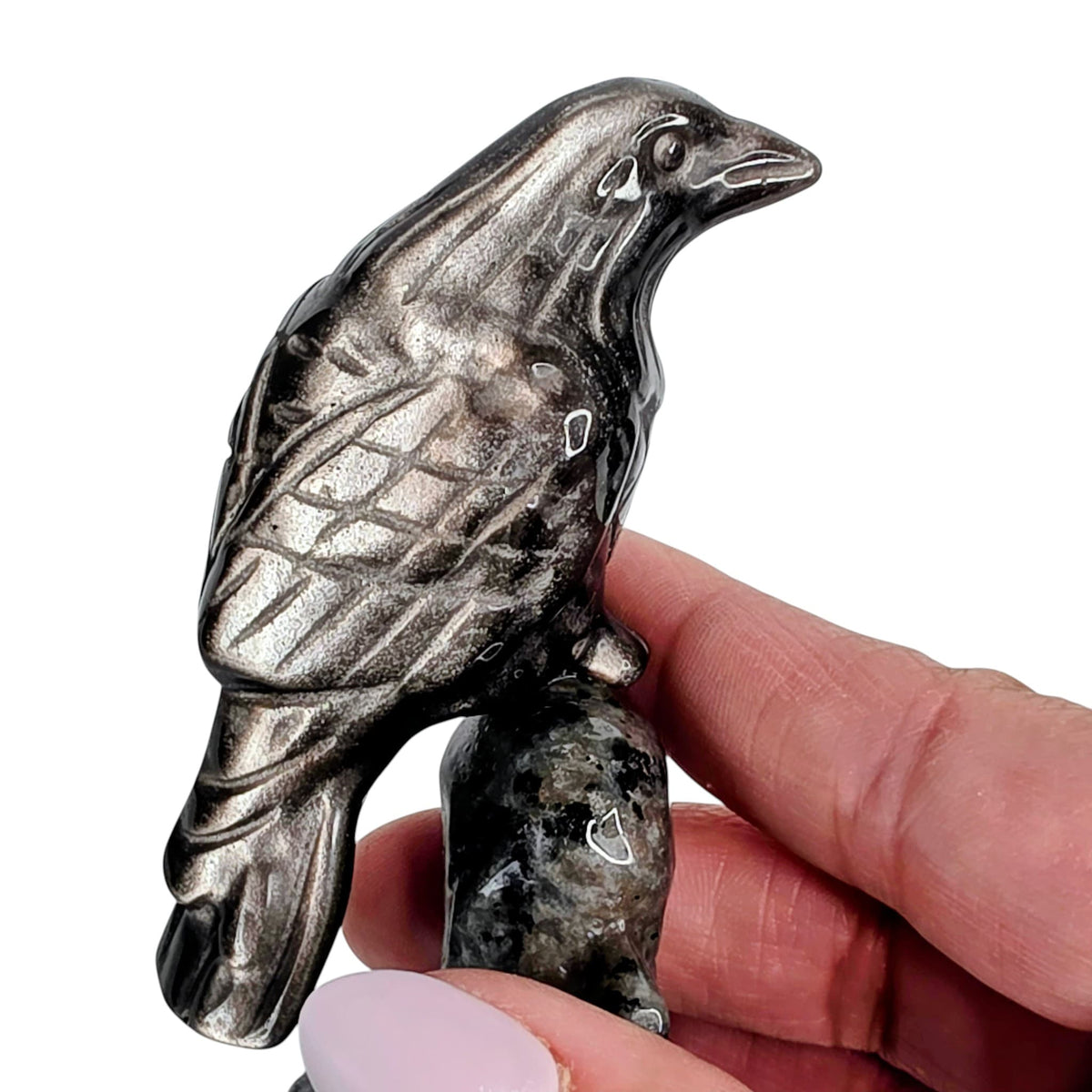 Silver Sheen Obsidian Raven with Yooperlite Branch