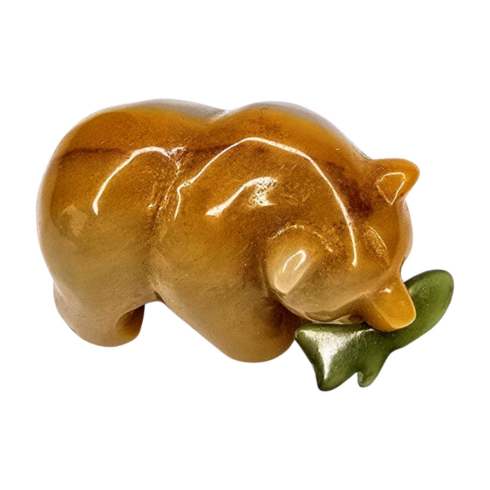 Sunset Agate Bear Holding Jade Fish in Mouth