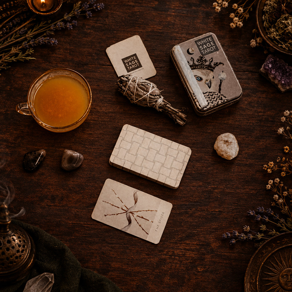 Tarot deck box and scattered cards beside a small cup of amber tea on cloth